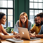 A diverse group of bloggers collaborating on a shared article, showcasing teamwork and the exchange of ideas in a vibrant workspace.