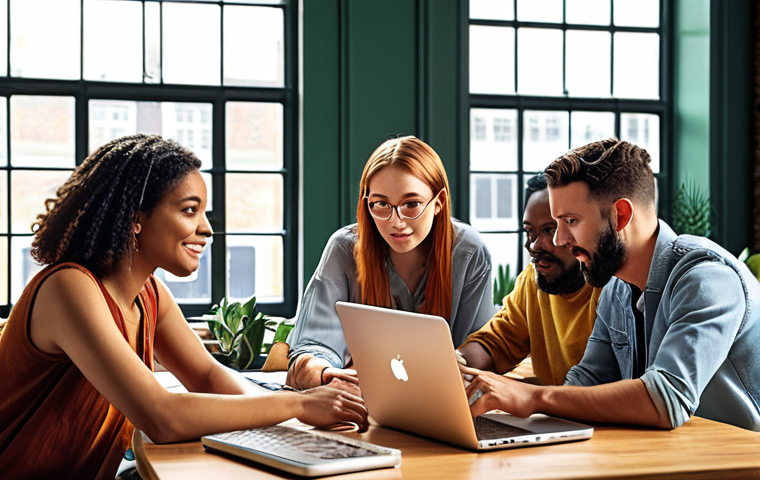 A diverse group of bloggers collaborating on a shared article, showcasing teamwork and the exchange of ideas in a vibrant workspace.